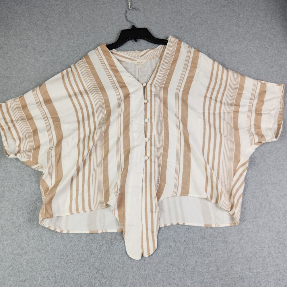 Sim & Sam Blouse Women XL Tan White Striped Tie Front Dolman Sleeve Coastal Boho